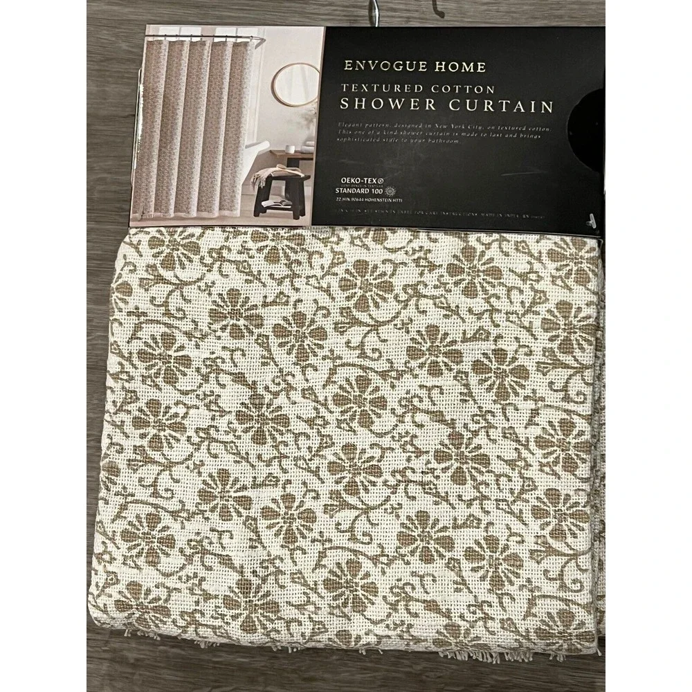 New Envogue Home Fabric Shower Curtain Textured Cotton Brown Floral Print Fringe